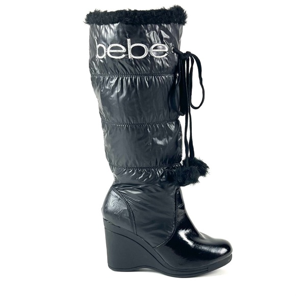 Bebe Rafa Tall Black Fur Trim Logo Puffer Wedge Boot - Picture 5 of 9